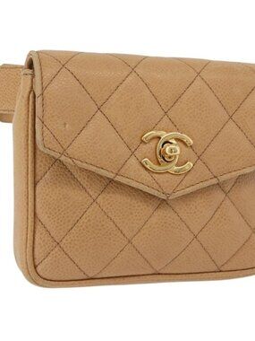 CHANEL Matelasse Waist Bag Grained Calf Skin Beige Gold CC Auth BA12986V